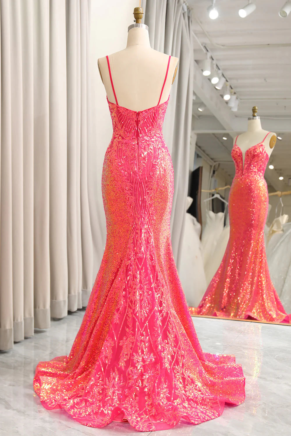 Sequins Mermaid Spaghetti Straps Fuchsia Prom Dress