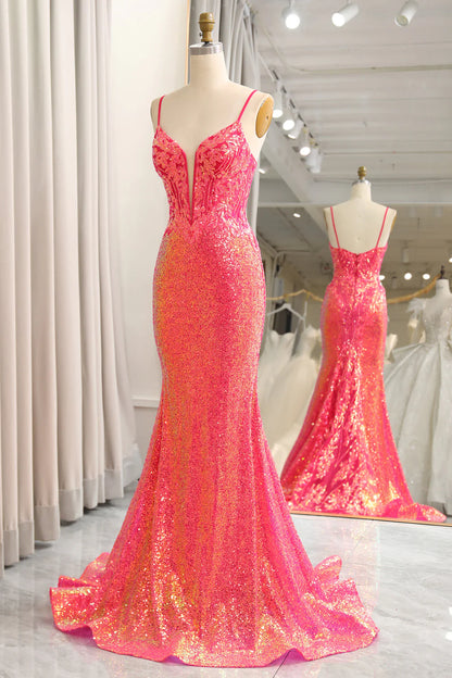 Sequins Mermaid Spaghetti Straps Fuchsia Prom Dress