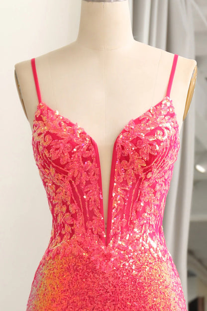 Sequins Mermaid Spaghetti Straps Fuchsia Prom Dress