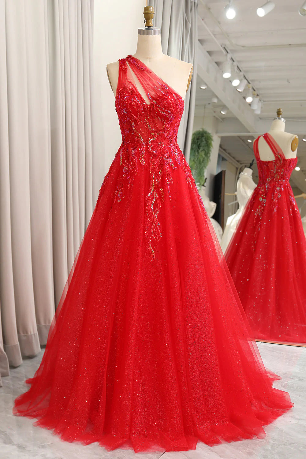 Red Sparkly A-Line One Shoulder Long Prom Dress With Sequins