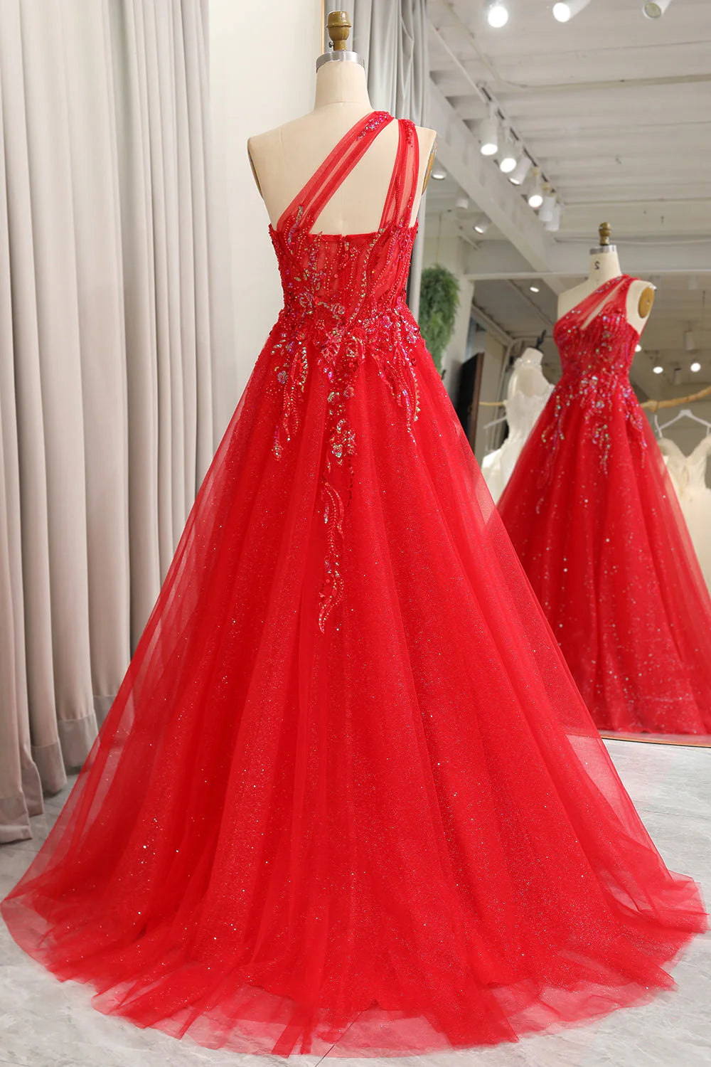 Red Sparkly A-Line One Shoulder Long Prom Dress With Sequins