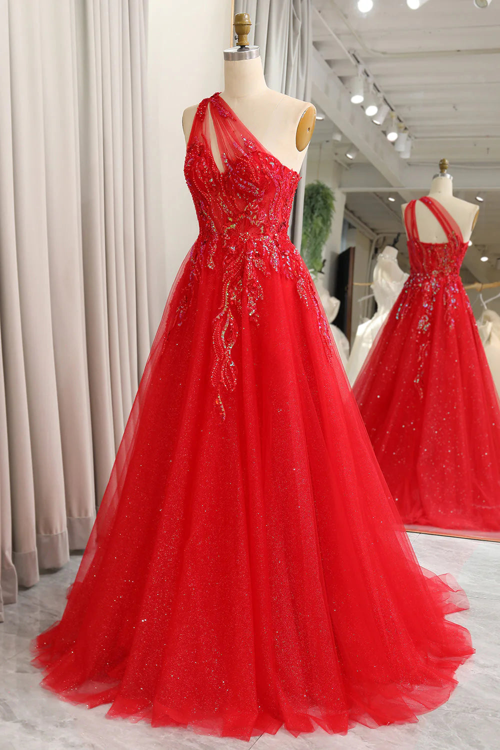 Red Sparkly A-Line One Shoulder Long Prom Dress With Sequins