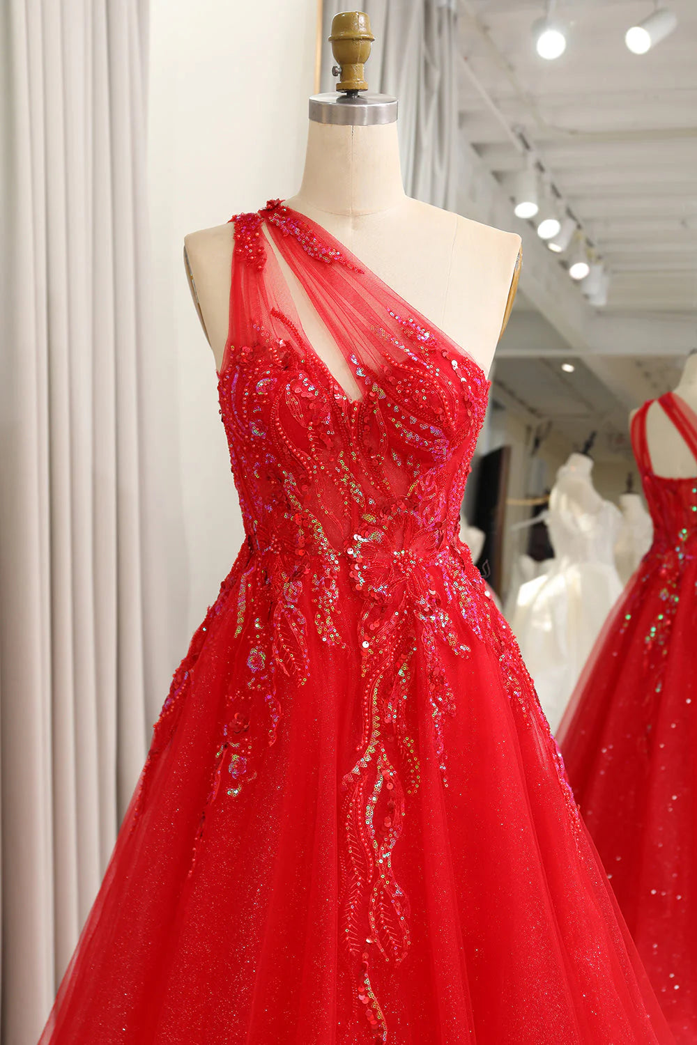 Red Sparkly A-Line One Shoulder Long Prom Dress With Sequins