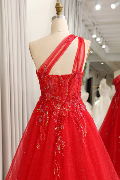 Red Sparkly A-Line One Shoulder Long Prom Dress With Sequins