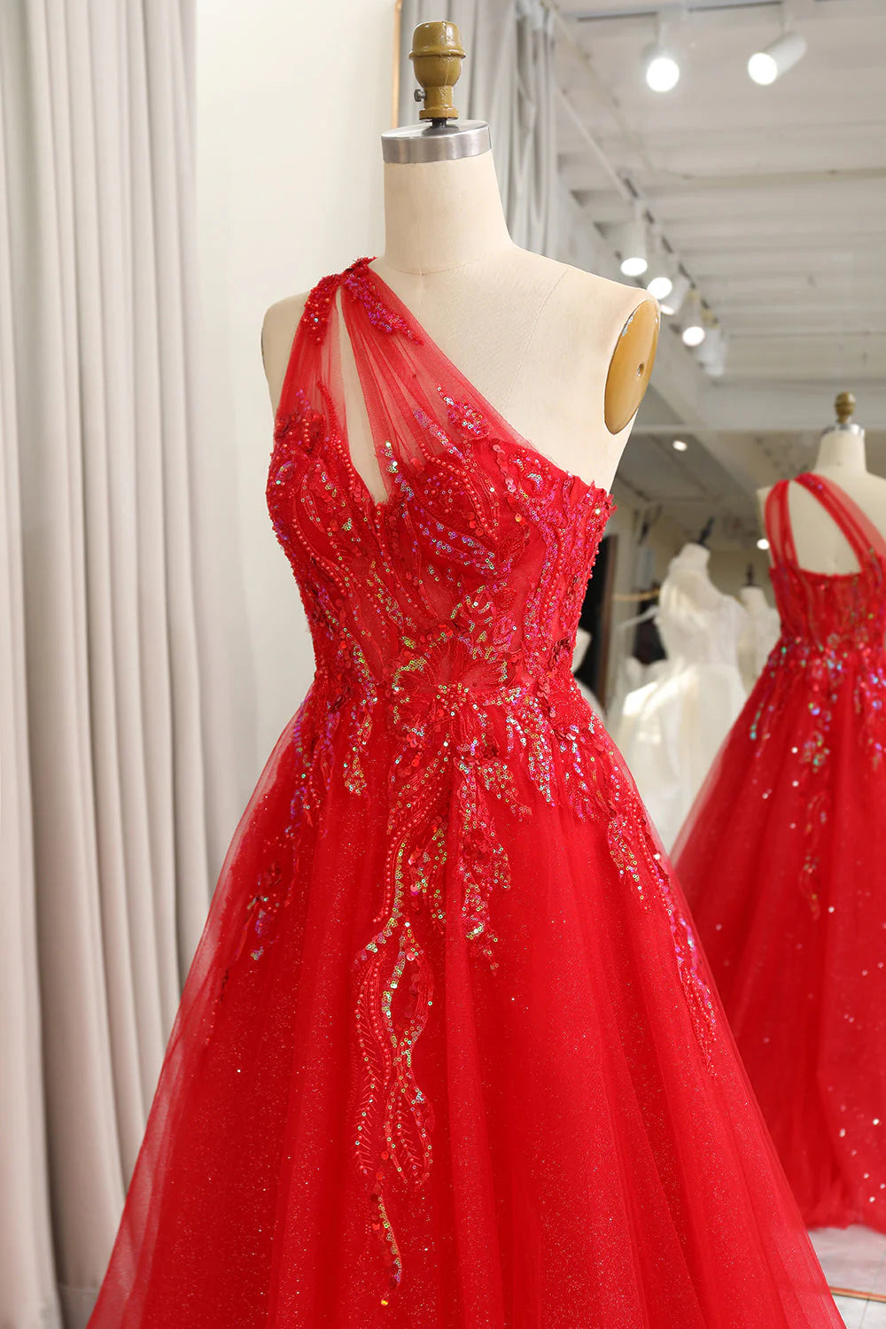 Red Sparkly A-Line One Shoulder Long Prom Dress With Sequins