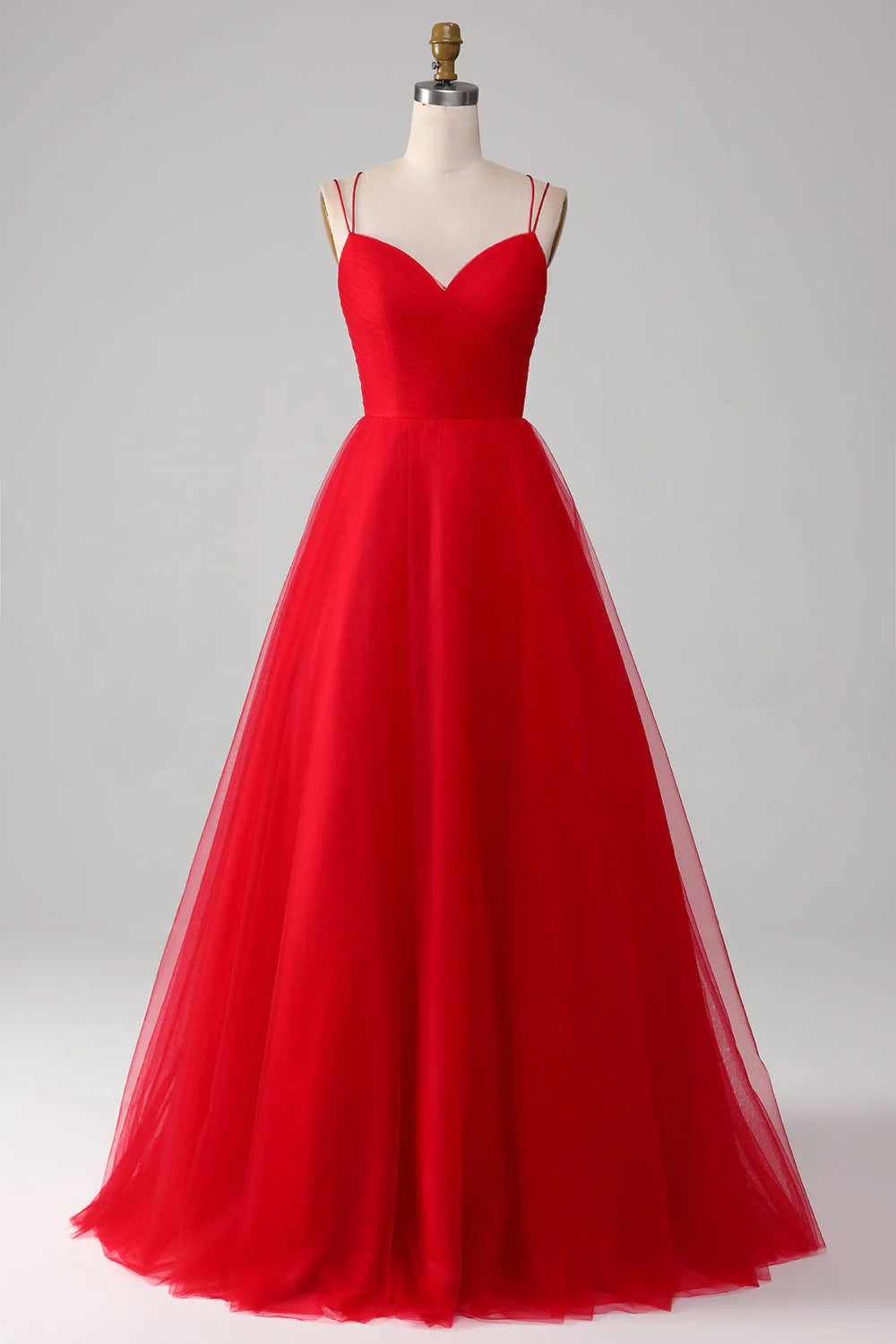 Ball-Gown/Princess V-Neck Tulle Pleated Long Red Prom Dress