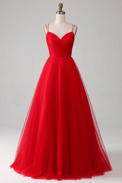 Ball-Gown/Princess V-Neck Tulle Pleated Long Red Prom Dress