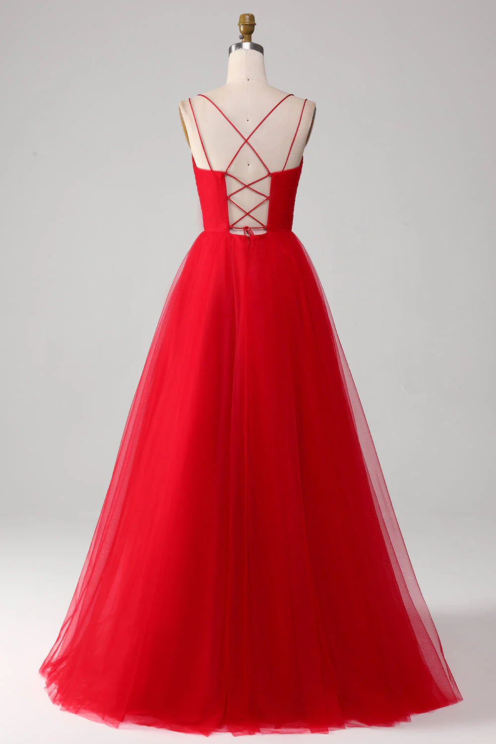 Ball-Gown/Princess V-Neck Tulle Pleated Long Red Prom Dress