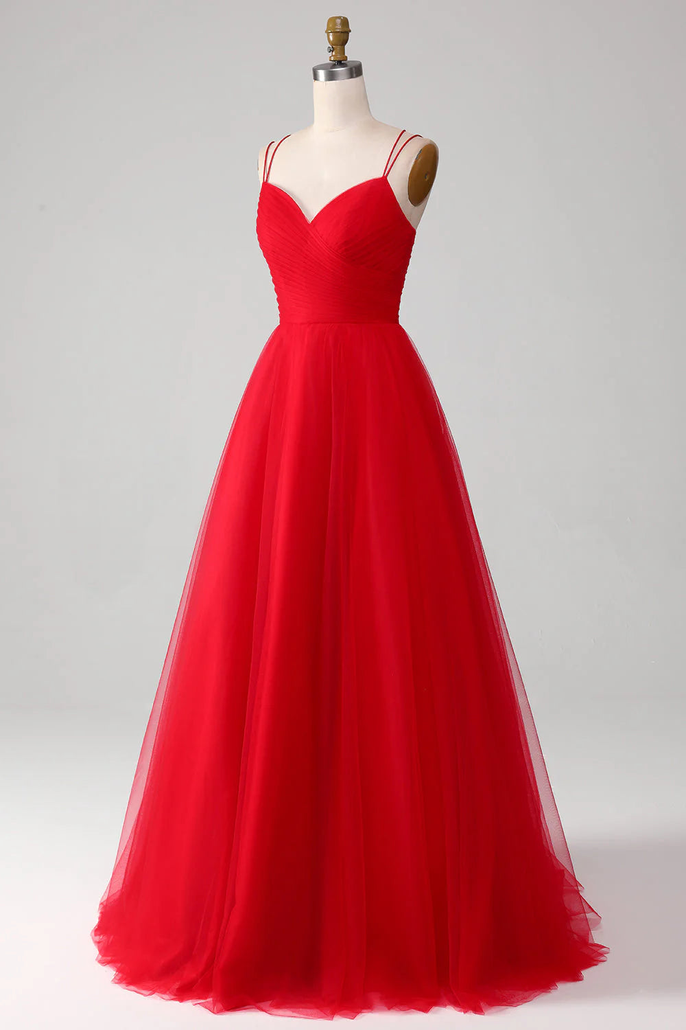 Ball-Gown/Princess V-Neck Tulle Pleated Long Red Prom Dress