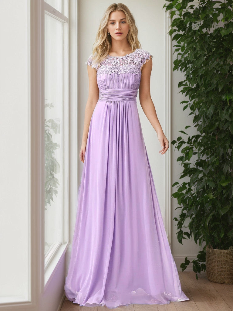 Weitese Classic Maxi Long Lace Cap Sleeve Bridesmaid Dress