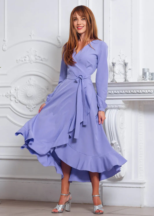 Light Purple Chic V Neck Tea-Length A-line Long Sleeves Bridesmaid Party Prom Evening Dress