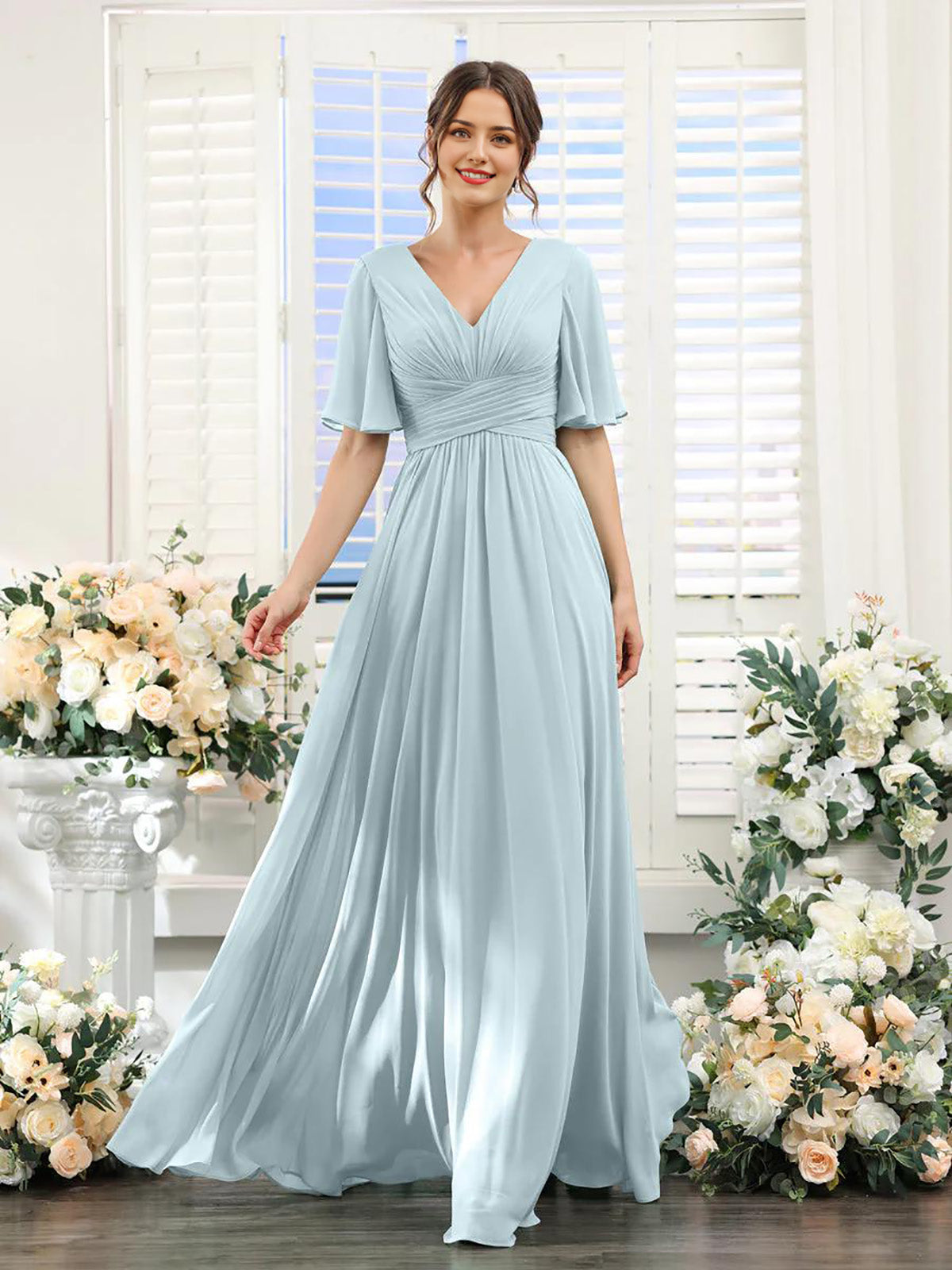 A-Line V-Neck Short Sleeve Bridesmaid Dress for Wedding Guest Long Chiffon Formal Party Dresses with Slit