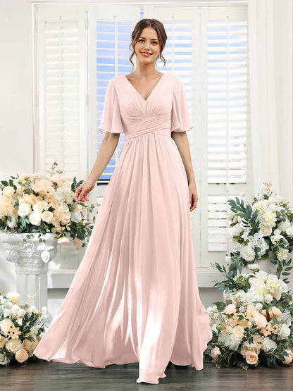 A-Line V-Neck Short Sleeve Bridesmaid Dress for Wedding Guest Long Chiffon Formal Party Dresses with Slit