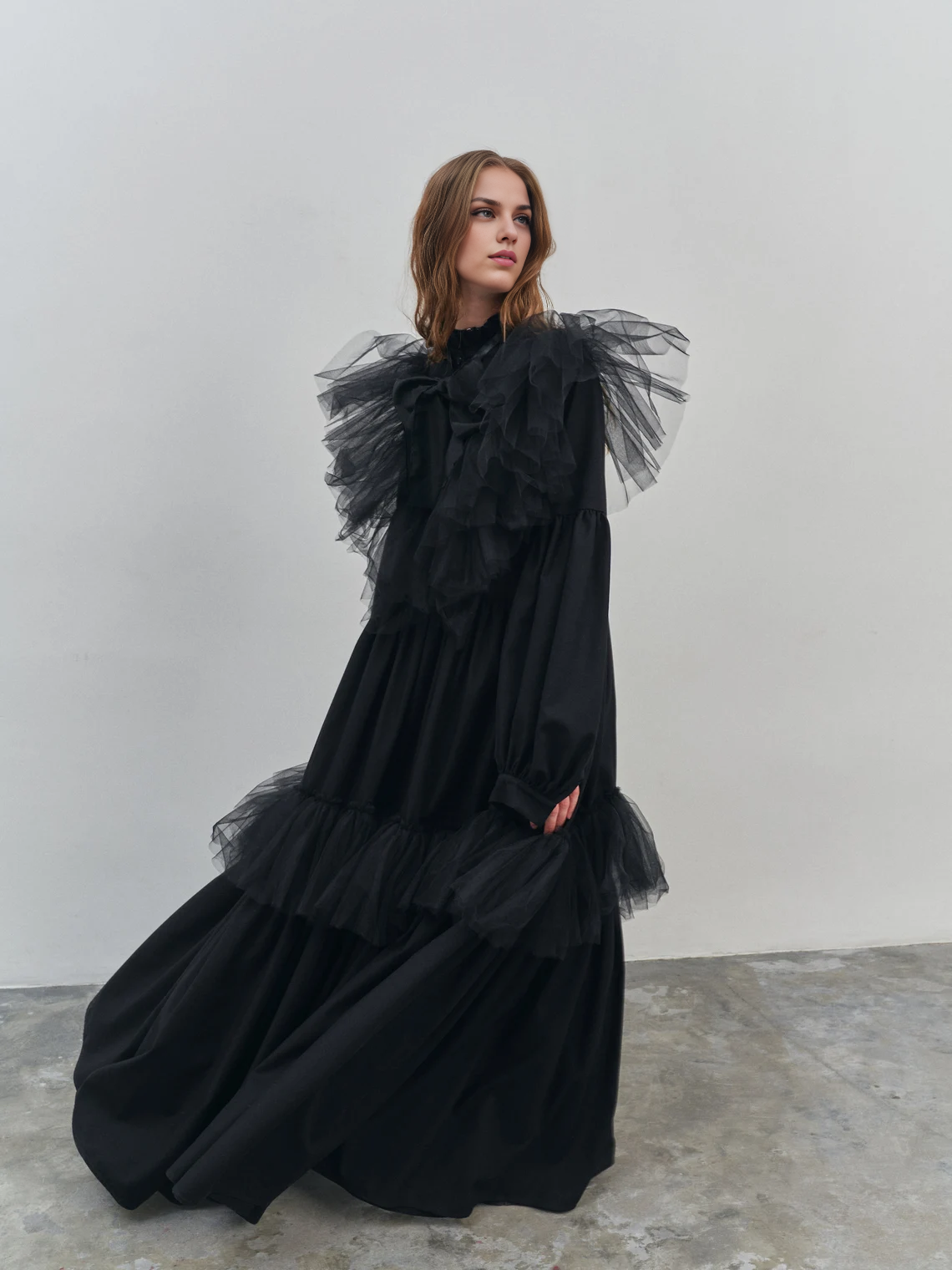 Long Black Royal Dress Floor Length Dress Long Sleeves Black Gown Black Maxi Dress Puff Sleeve Dress Festive Dress Evening Gown Wide Dress Prom Dress