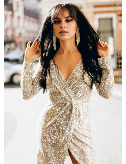 Long Sleeve Evening Dress Sequin Formal Gown Stylish Mid Length Dress Sequin Wedding Dress Short Evening Dress Silver Evening Gown Prom Dress