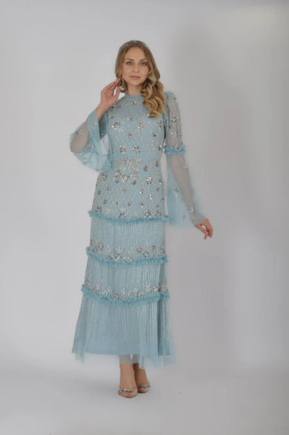 Long Sleeve Ice Blue Maxi Bohemian Wedding Guest Modest Wear Mother of Bride Prom Dress Great Bridesmaids Garden Party Dress