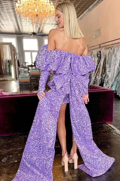 Long Sleeves Sequin Off-the-Shoulder Bow-Back Short Party Homecoming Dress