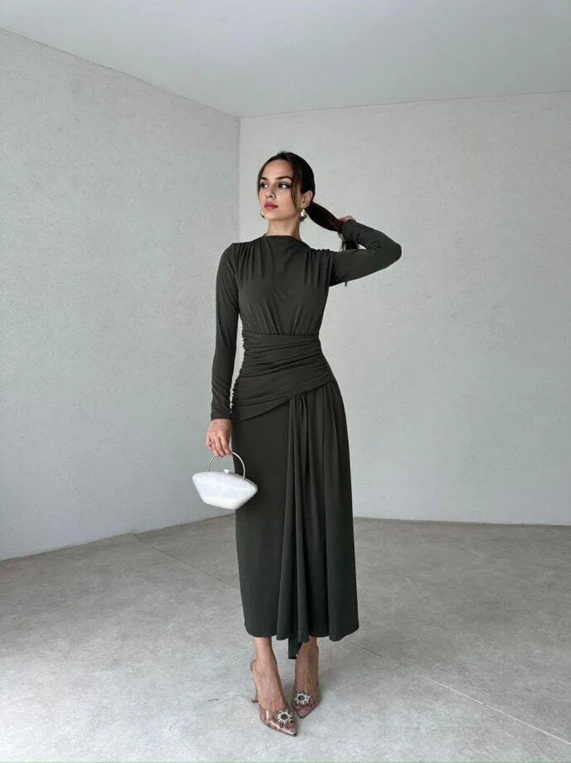 Luxurious Dark Green Dress Long Sleeve Draped Dress Soft Modal Elegant Dress Fitted Prom Dress