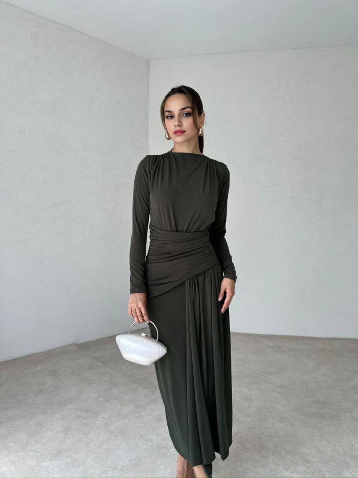 Luxurious Dark Green Dress Long Sleeve Draped Dress Soft Modal Elegant Dress Fitted Prom Dress