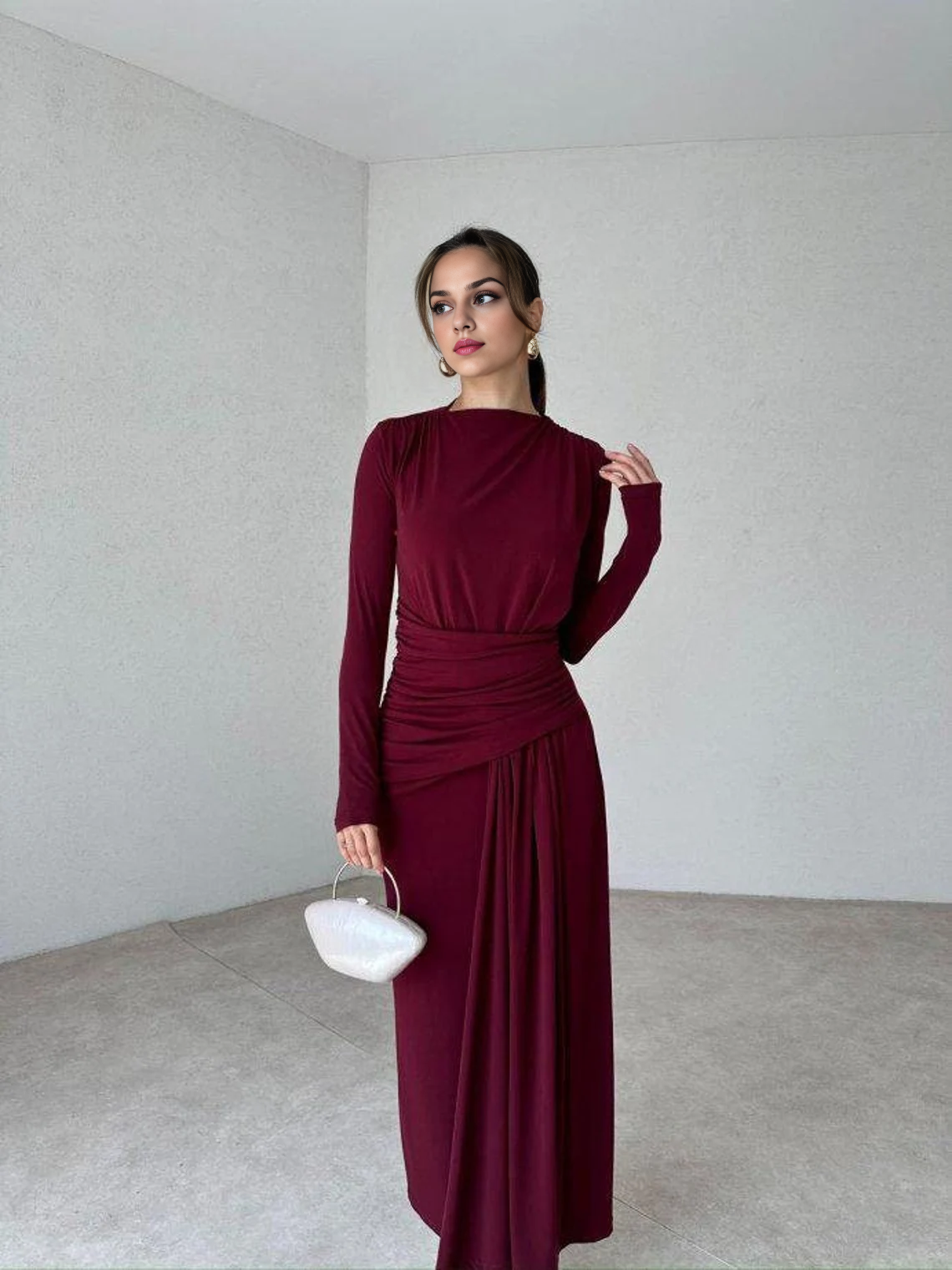 Luxurious Dark Green Dress Long Sleeve Draped Dress Soft Modal Elegant Dress Fitted Prom Dress