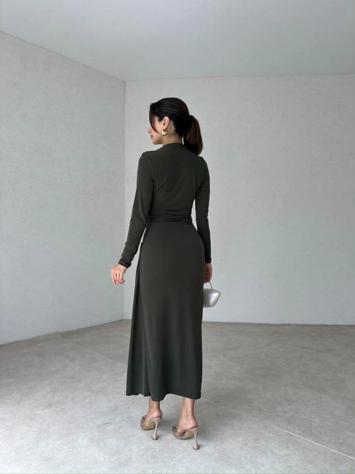 Luxurious Dark Green Dress Long Sleeve Draped Dress Soft Modal Elegant Dress Fitted Prom Dress