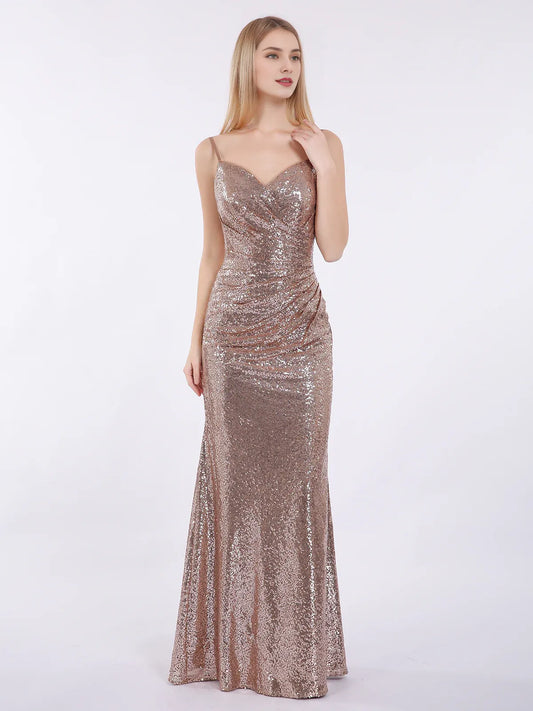 Mermaid Backless Spaghetti Strap Sequins Gown with Sweetheart Metallic Gold