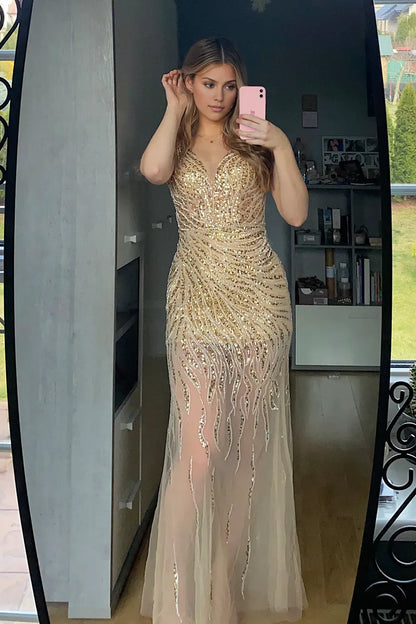 Mermaid Deep V Neck Long Prom Dress with Backless