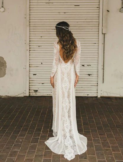 Mermaid Floor Length Backless Lace Bohemian Long Sleeves Vintage Wedding Dress