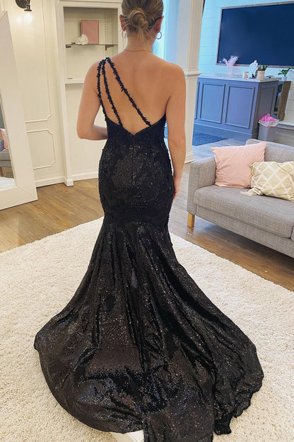 Weitese Mermaid One Shoulder Black Sequins Prom Dress With Split