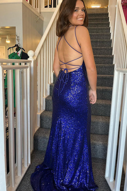 Weitese Mermaid Spaghetti Straps Royal Blue Sequins Long Prom Dress with Split Front