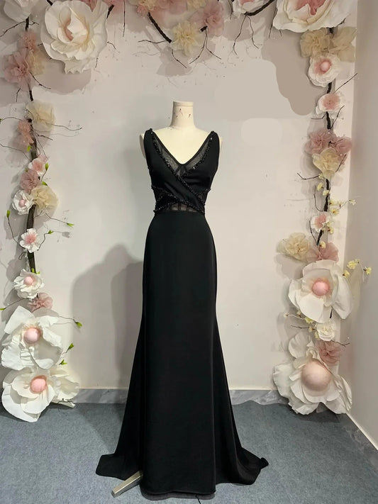 Mermaid V-Neck Straps Evening Dress in Premium Black Satin Lightly Flared Long Train Gown with Waist Cut-Out Prom Dress