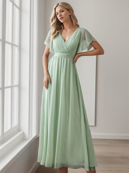 Weitese  A-Line Pleated Chiffon Tie-Waist Evening Dress