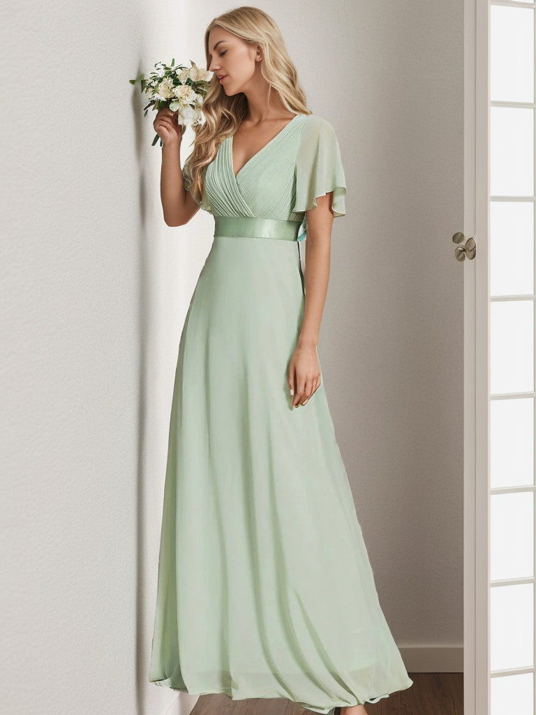 Weitese Long Chiffon Empire Waist Bridesmaid Dress with Short Flutter Sleeves