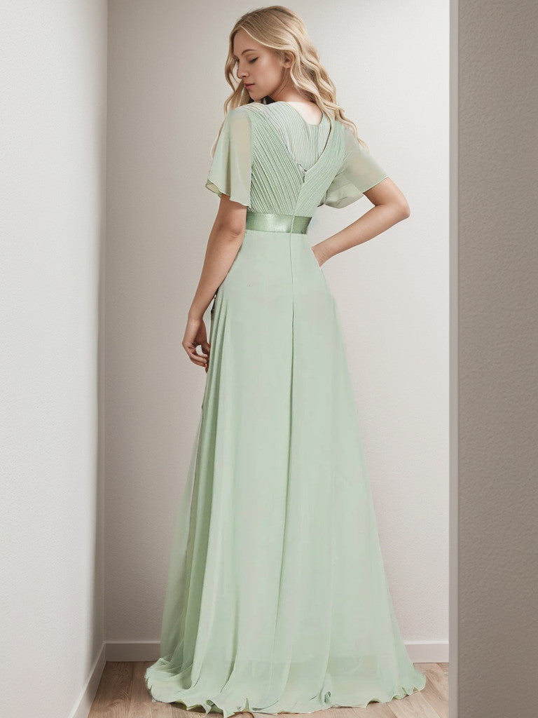 Weitese Long Chiffon Empire Waist Bridesmaid Dress with Short Flutter Sleeves