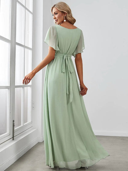 Weitese  A-Line Pleated Chiffon Tie-Waist Evening Dress