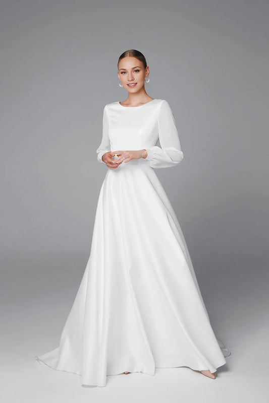 Modest Long Sleeve Wedding Dress Satin And Chiffon Bridal Gown Round Neck Floor Length With Train