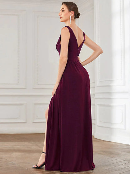 Weitese Sleeveless V-Neck Empire Waist High Slit Floor-Length Evening Dress