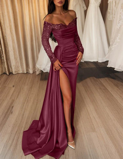 Sheath/Column Off-The-Shoulder Floor-Length Long Prom Dresses With Split Side