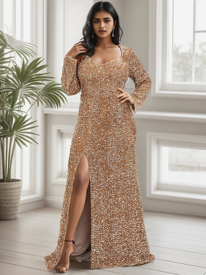 Weitese Plus Size Long Sleeve Sequin Front Slit Bodycon Evening Dress