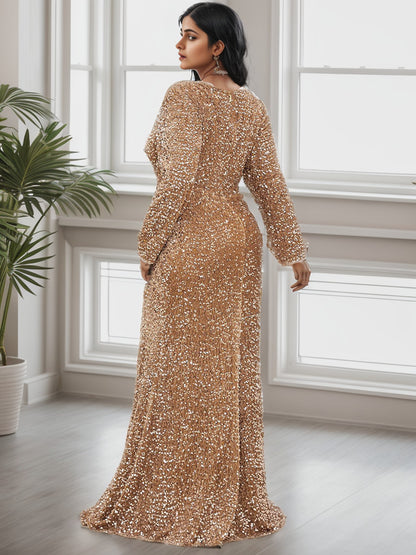 Weitese Plus Size Long Sleeve Sequin Front Slit Bodycon Evening Dress