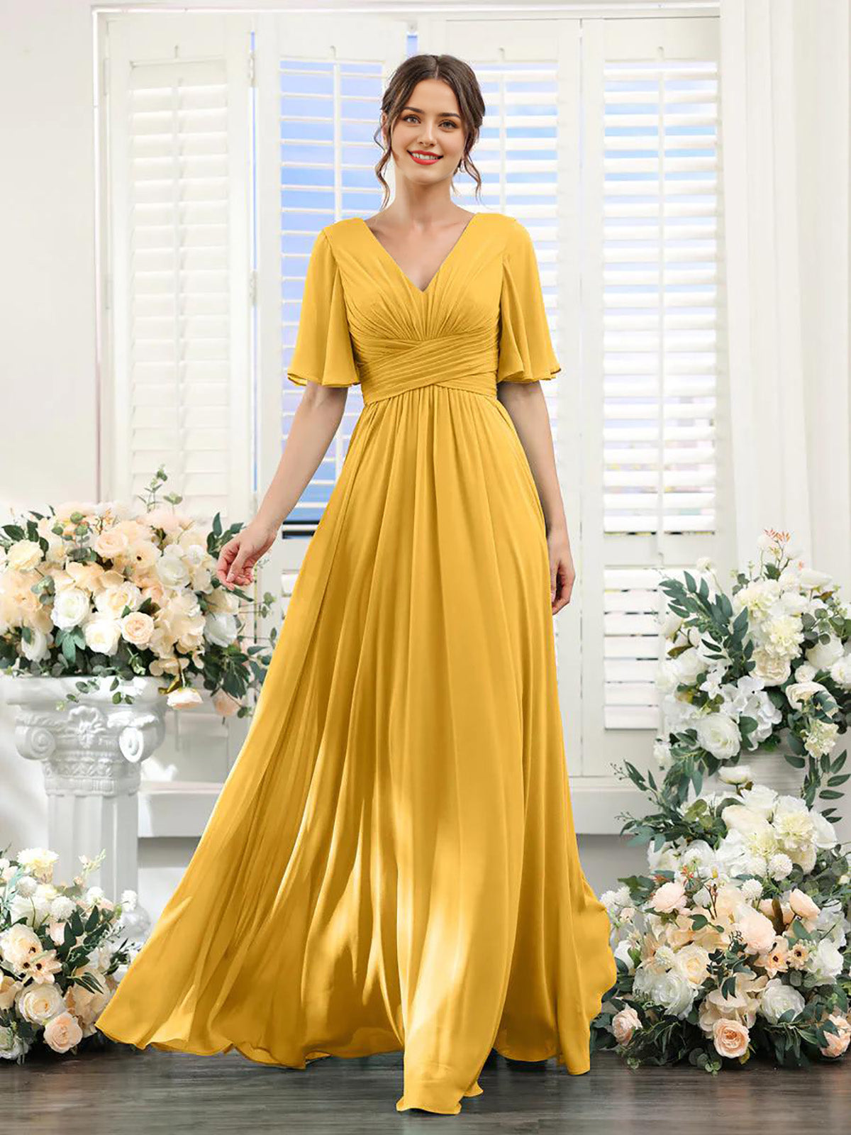 A-Line V-Neck Short Sleeve Bridesmaid Dress for Wedding Guest Long Chiffon Formal Party Dresses with Slit