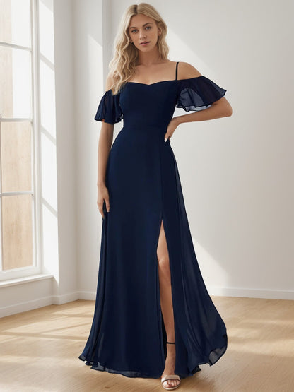 Weitese Chiffon Off-The-Shoulder Side Slit Bridesmaid Dress with sleeves