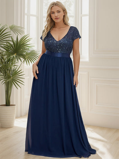 Weitese Plus Size Empire Waist V-Neck Cap Sleeve Chiffon Formal Evening Dress