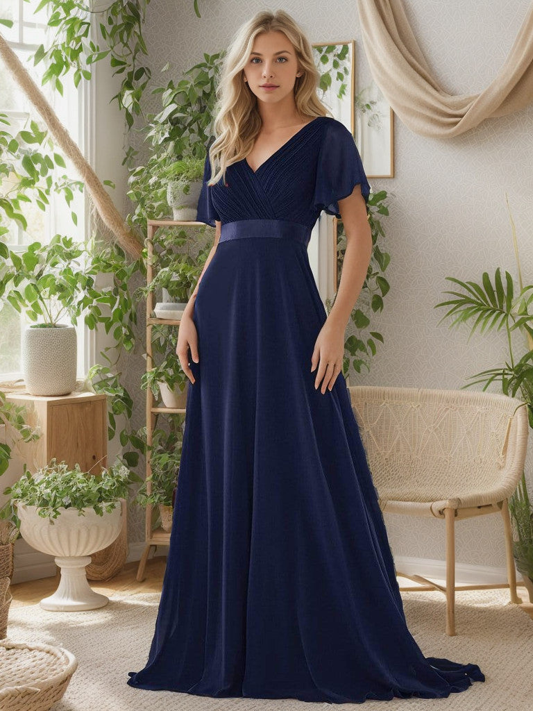 Weitese Long Chiffon Empire Waist Bridesmaid Dress with Short Flutter Sleeves