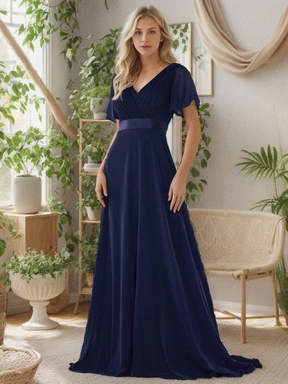 Weitese Long Chiffon Empire Waist Bridesmaid Dress with Short Flutter Sleeves