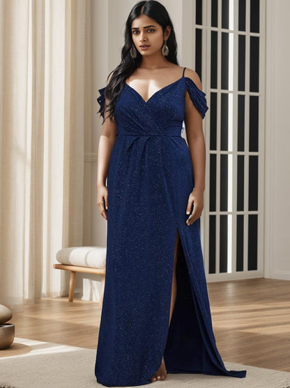 Weitese Plus Size V-Neck Cold Shoulder Floor-Length Evening Dress