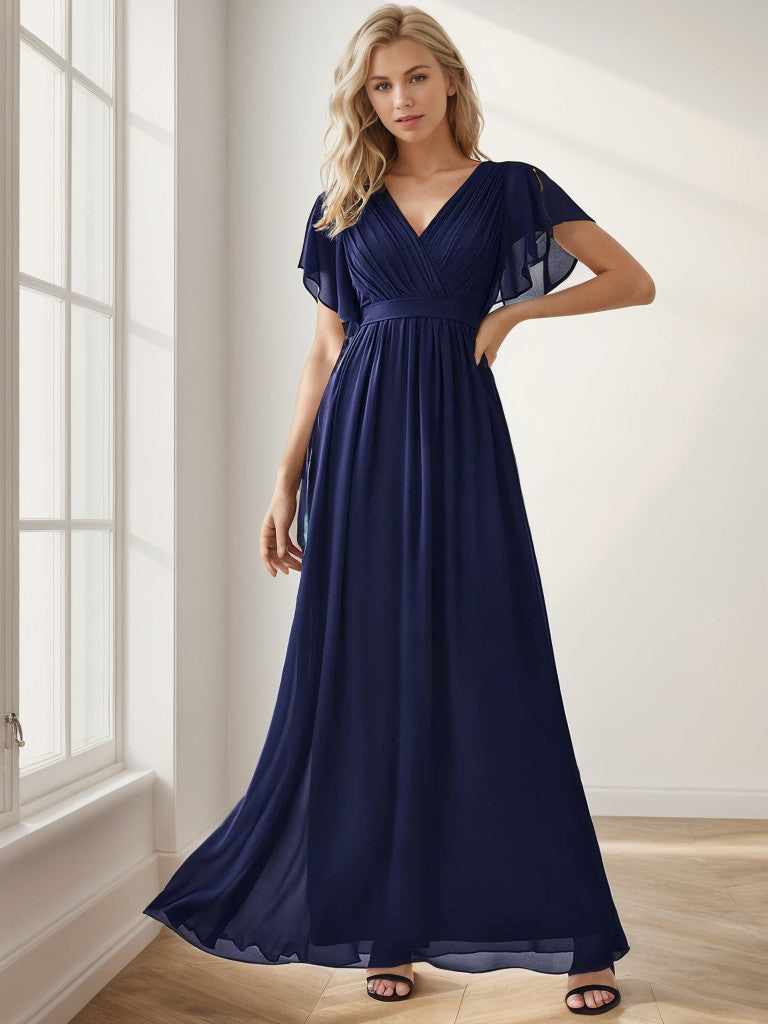 Weitese  A-Line Pleated Chiffon Tie-Waist Evening Dress