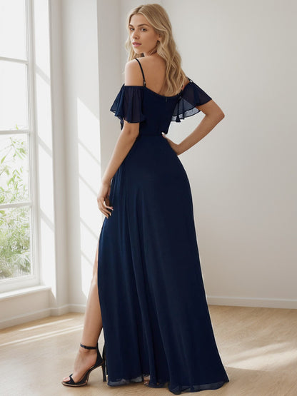 Weitese Chiffon Off-The-Shoulder Side Slit Bridesmaid Dress with sleeves