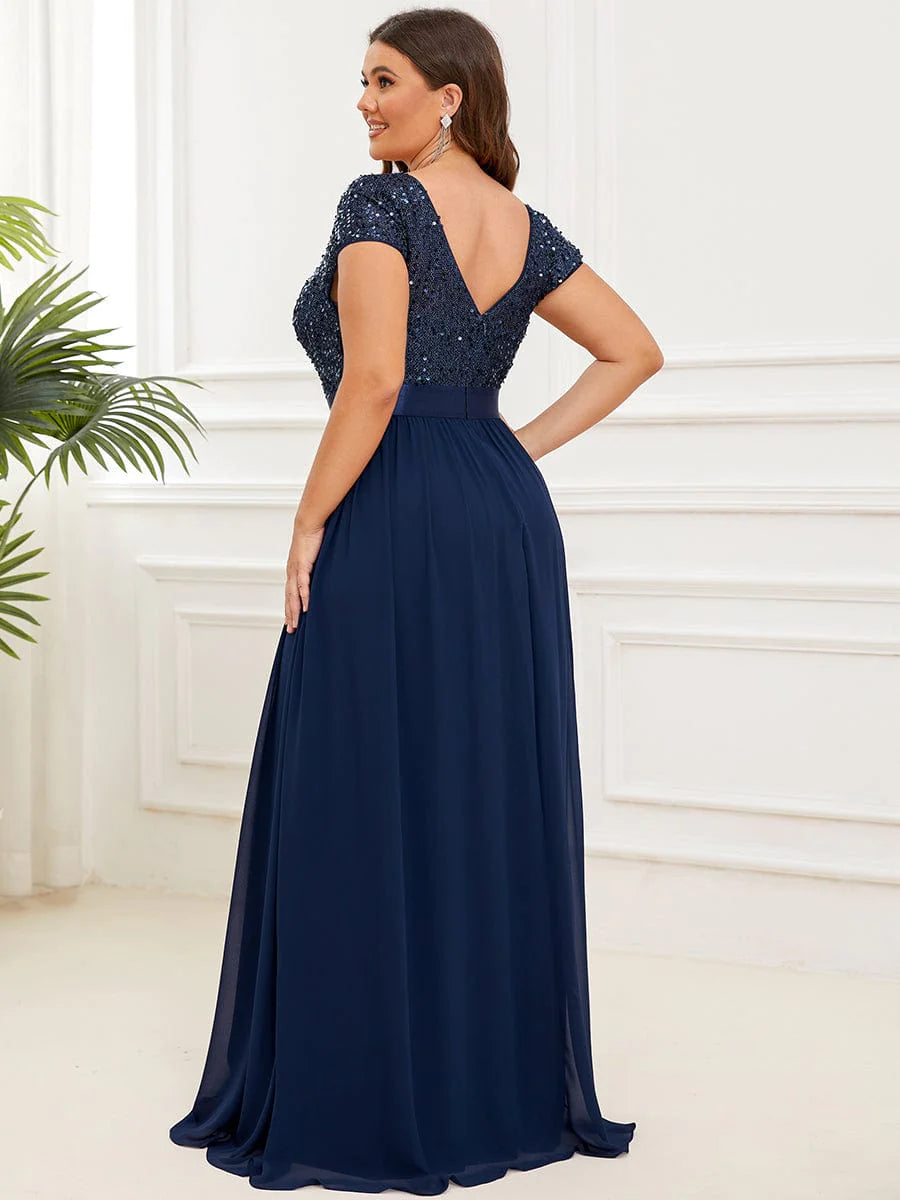 Weitese Plus Size Empire Waist V-Neck Cap Sleeve Chiffon Formal Evening Dress