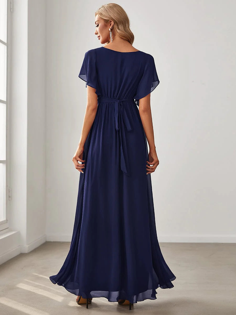 Weitese  A-Line Pleated Chiffon Tie-Waist Evening Dress